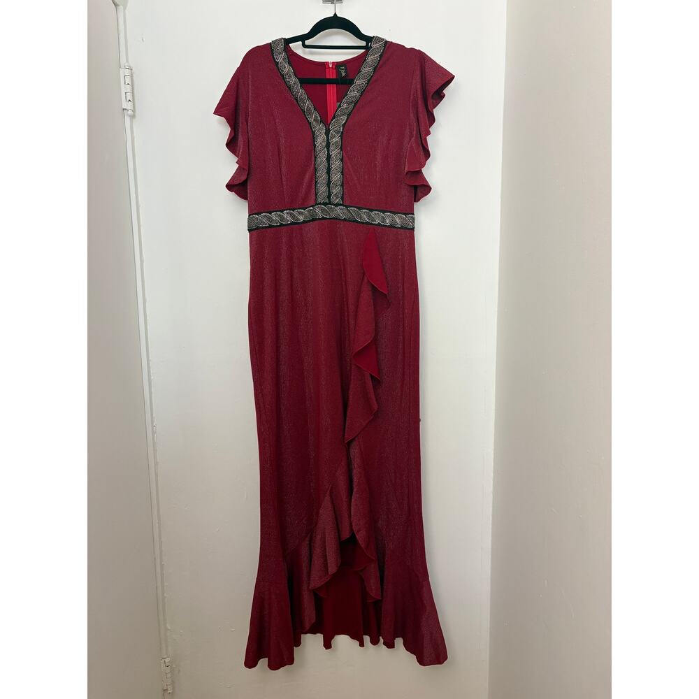 Yishion Red Shimmer Ruffle Sleeve Beaded Formal Dress Size XXL NWT